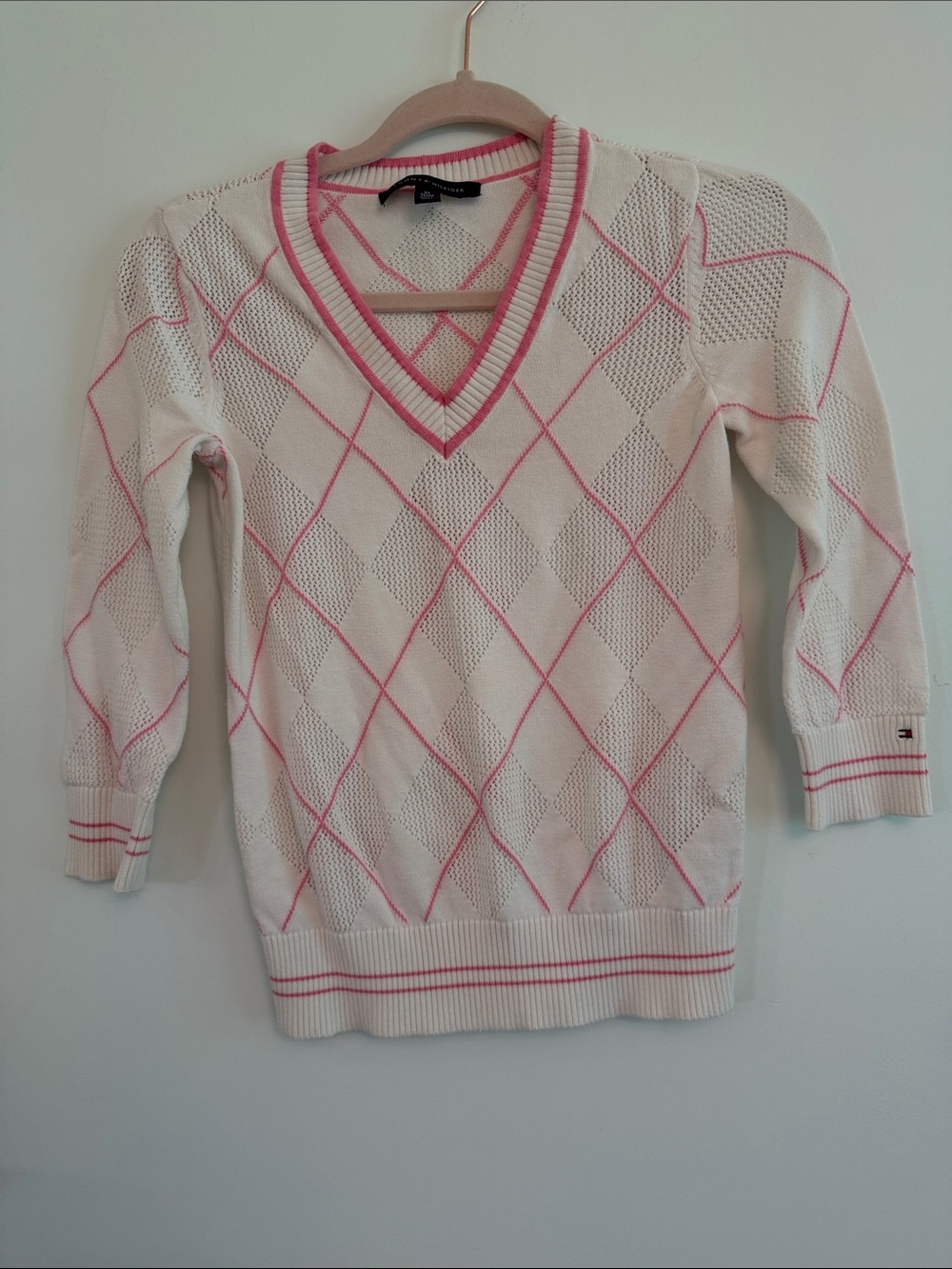 Tommy Hilfiger White Sweater with Pink Argyle V-Neck